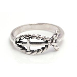 Retired James Avery Sterling Silver Twisted Rope Ichthus and Cross Ring size 6